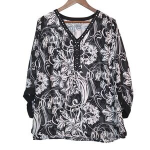 JM Collection Paisley Floral Rhinestone Blouse Black White Top Womens 1X